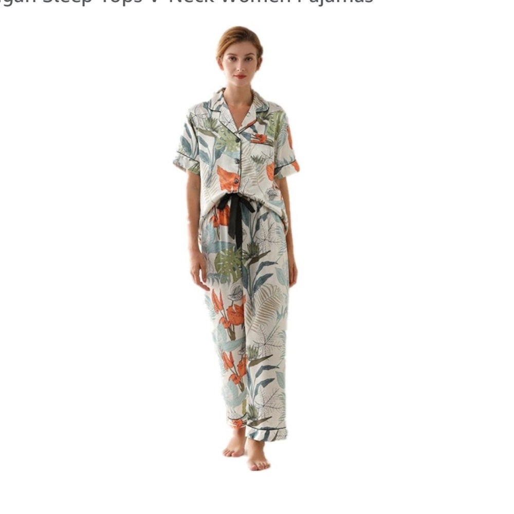 Women’s Satin Pajama Set with Short-Sleeved Button Top & Long Pants Size L NWOT